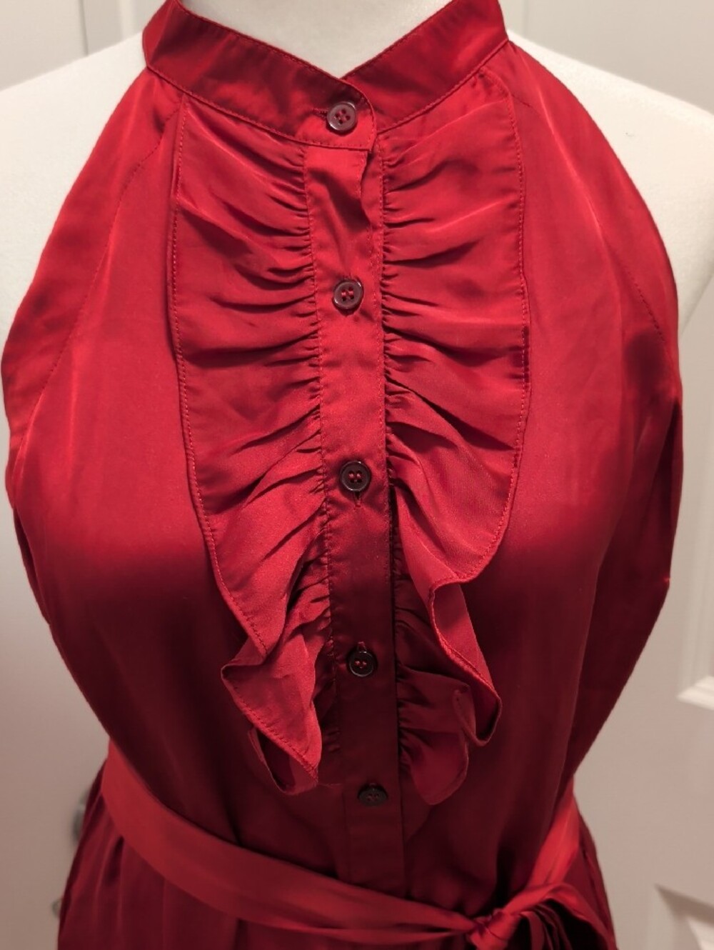Forever 21- Size Large Sleeveless Ruffled Halter Satin Tunic Blouse in Deep Red - Picture 2 of 9